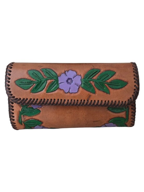 Handmade Handbags - Hand Made Tooled Leather Floral Hand Painted Vintage Whip Stitch Tri-fold Wallet
